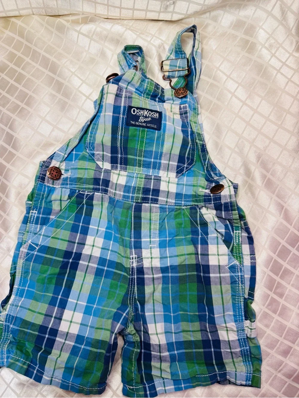 OshKosh B'gosh Green & Blue Plaid Short Overalls